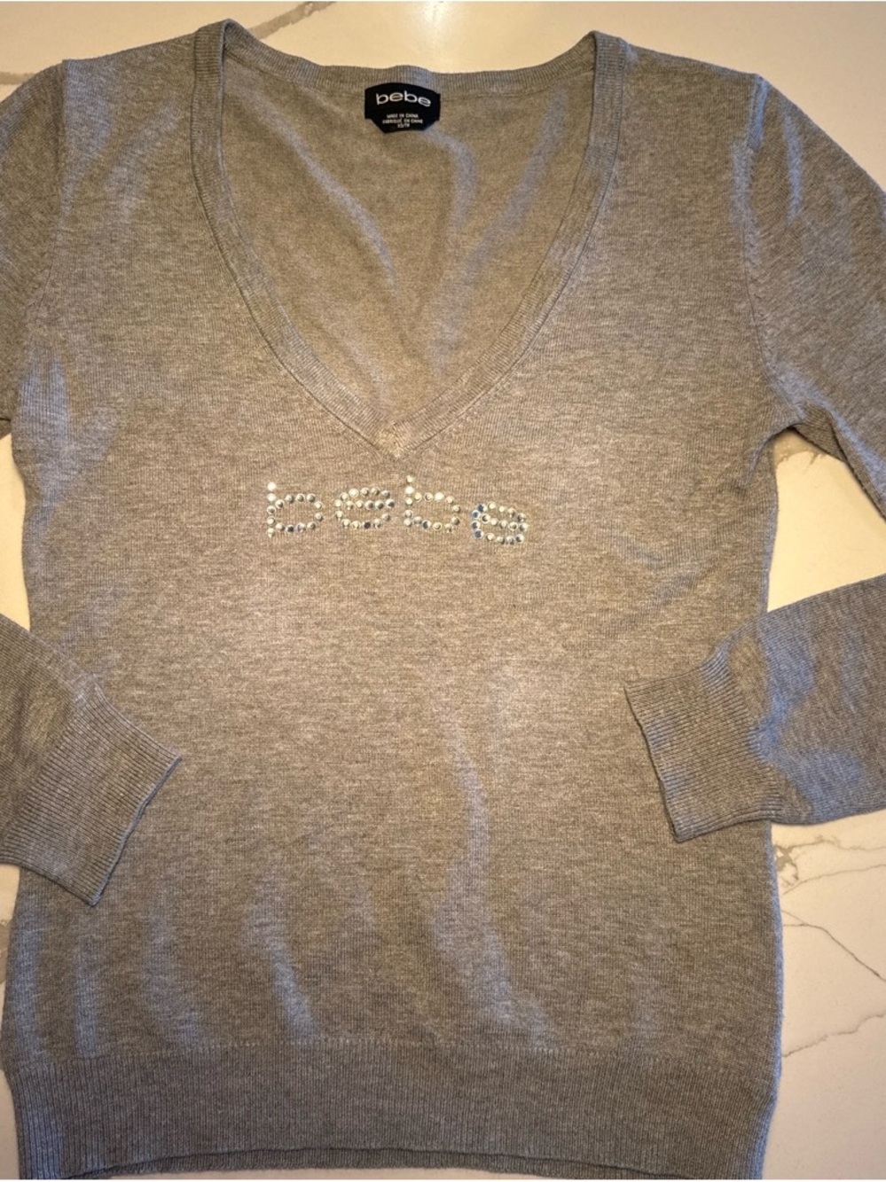 bebe Gray Scoop Neck Sweater with Crystal Logo